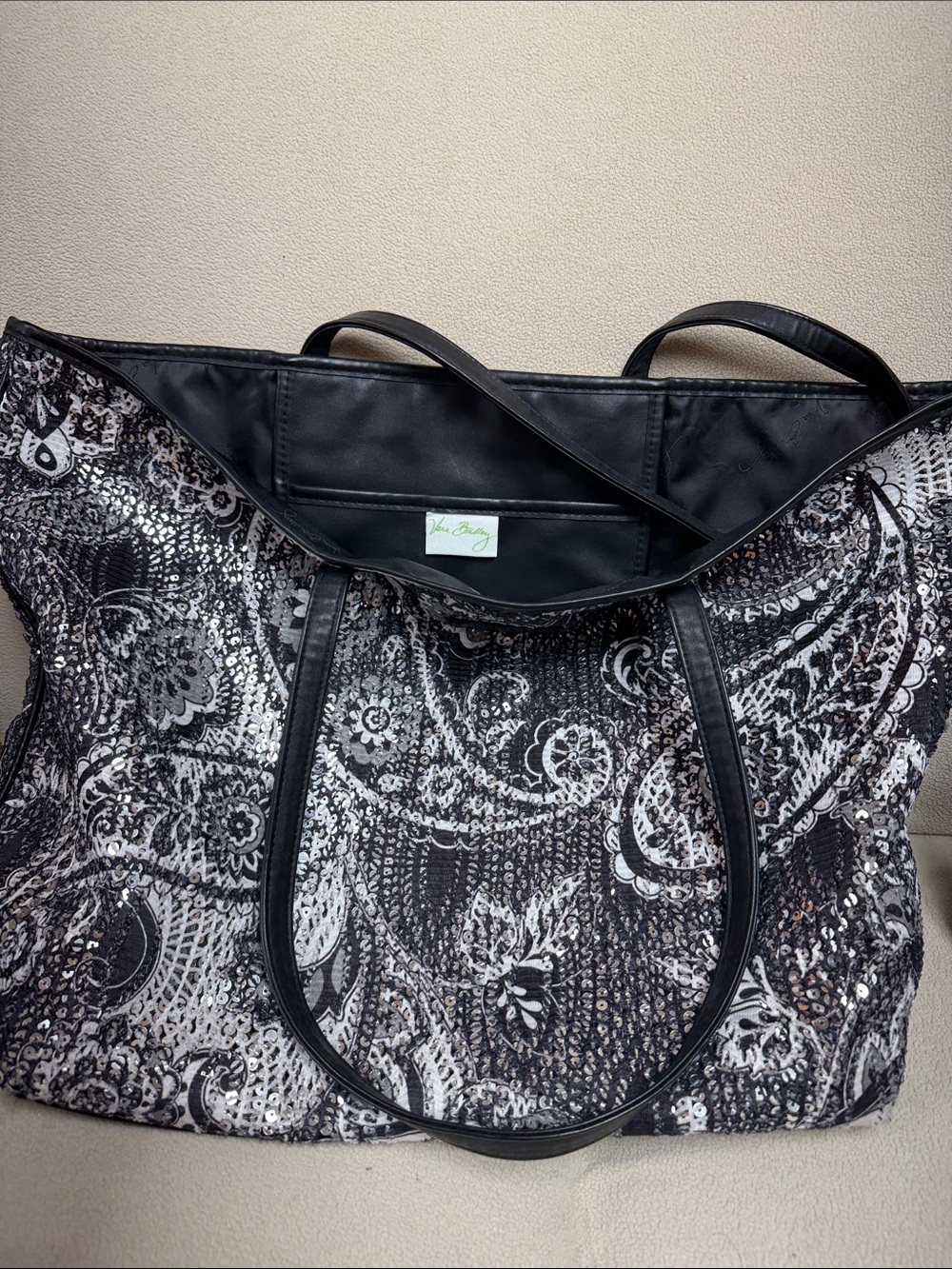 Vera Bradley Black & White Sequined Paisley Tote